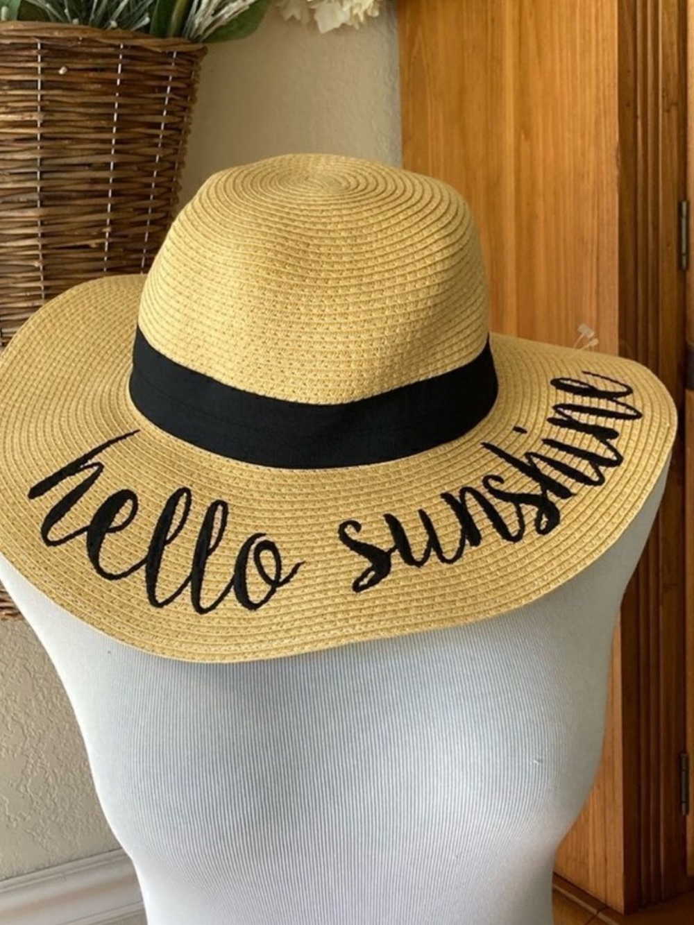 CC Boutique Straw Sun Hat with Black “hello sunshine” Script and Band